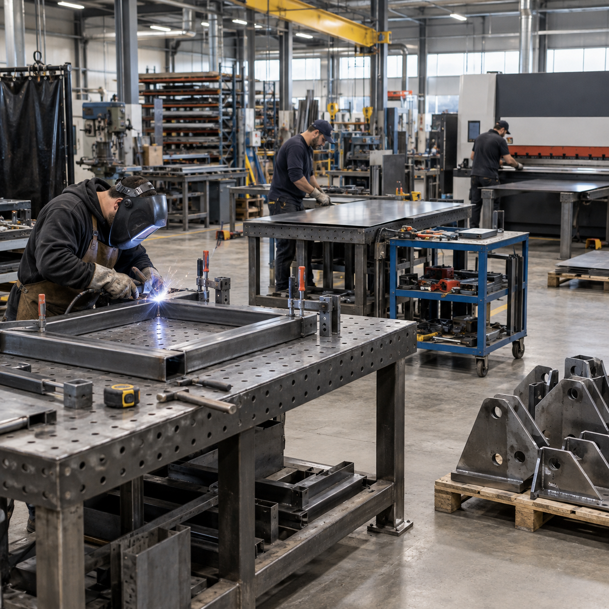 Overhead crane moving a load across a heavy fabrication workshop